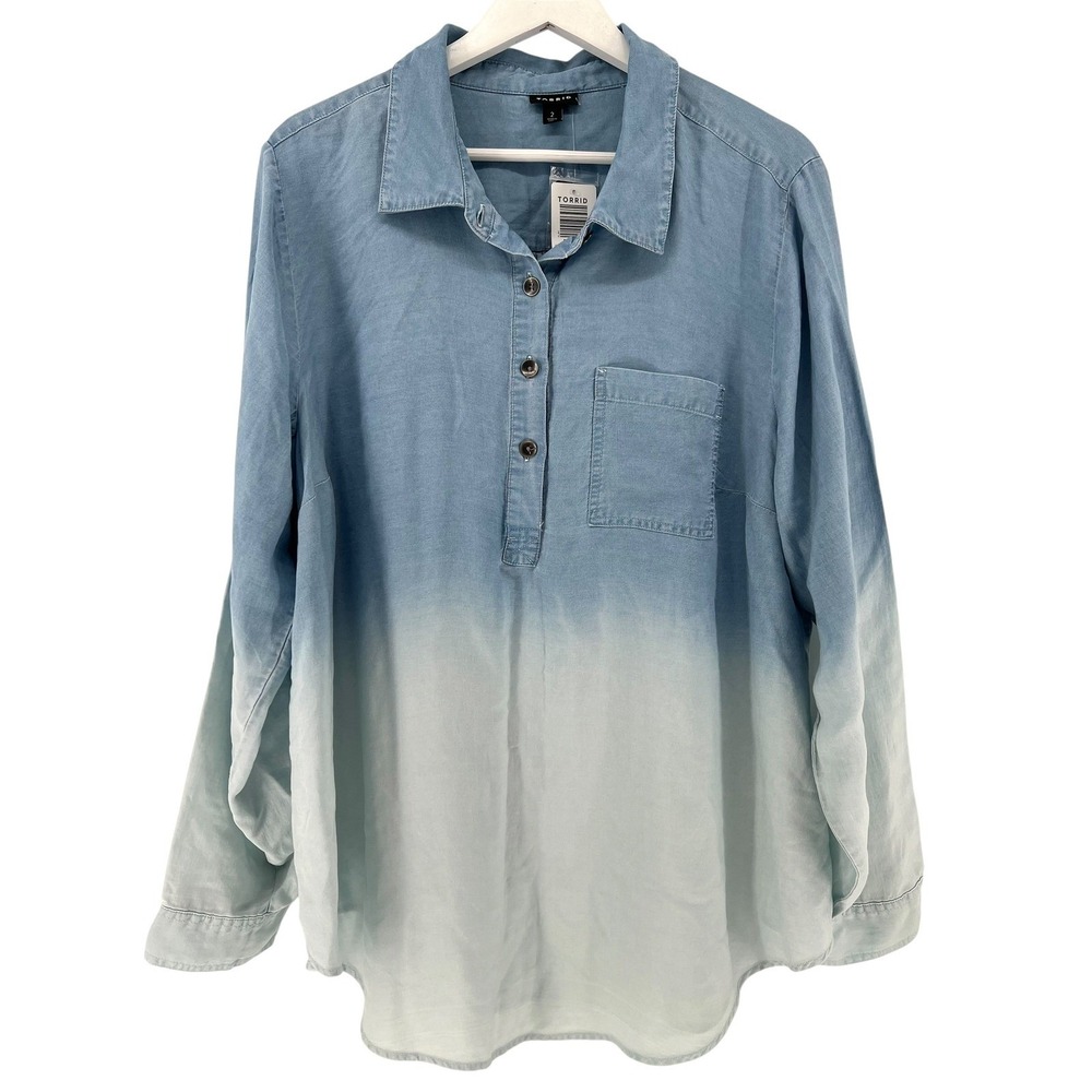 Torrid Chambray Dip Dye Shirt Womens 2X Blue Tencel Ombre L/S Casual Relaxed Fit